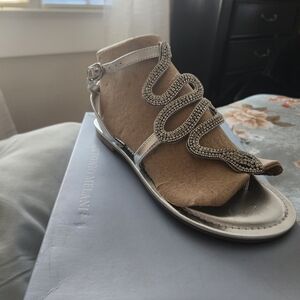 ANTONIO MELANI Taupe and Silver Crystal-Embellished Gladiator Sandal